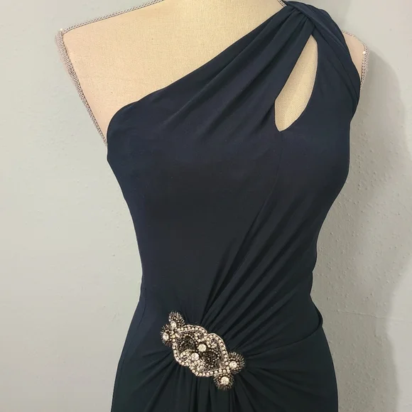 David Meister Dress Gown Maxi Dark Blue One Shoulder Crystal Wedding 2 - Picture 3 of 16